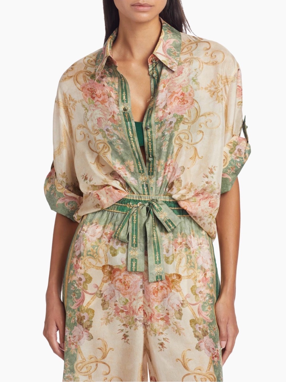 Zimmermann Floral Silk Jumpsuit in Green, Cream, Pink